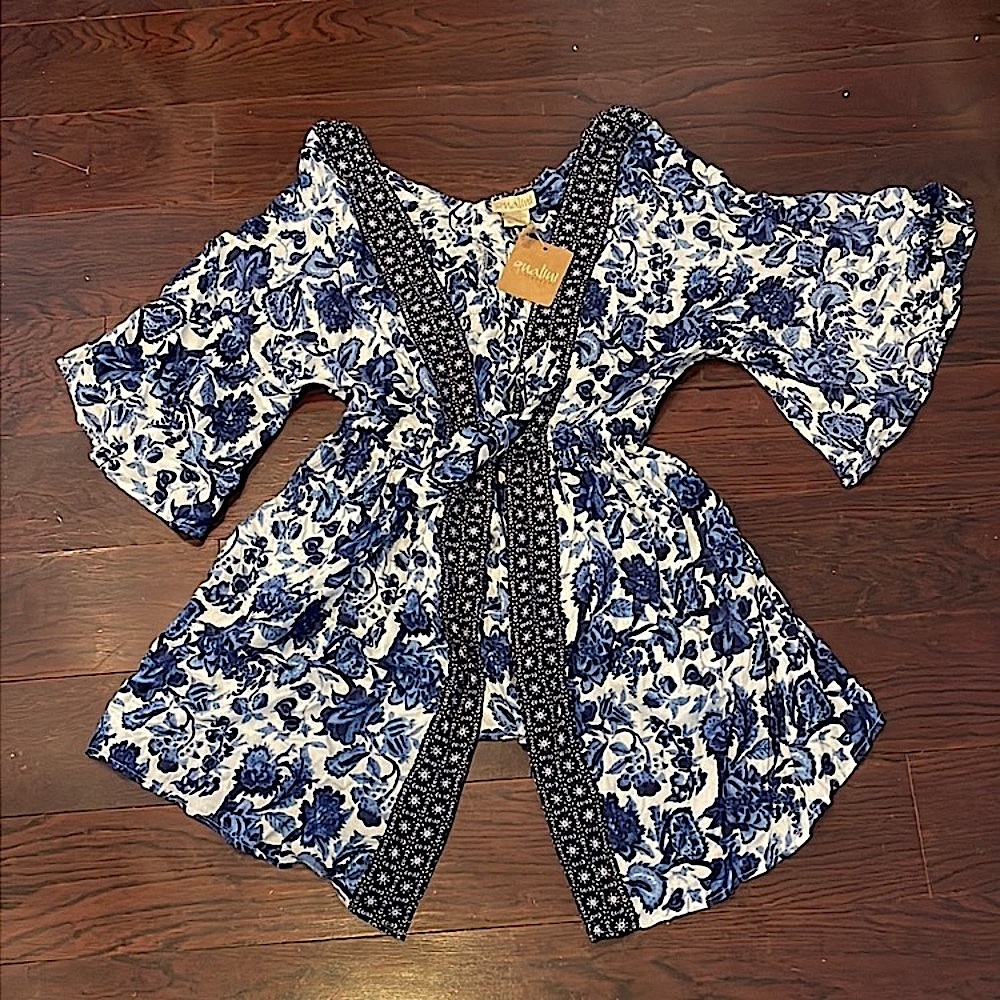 NALINI Top Kimono Rayon Blue White Floral Print Tie Front Size Medium One Size